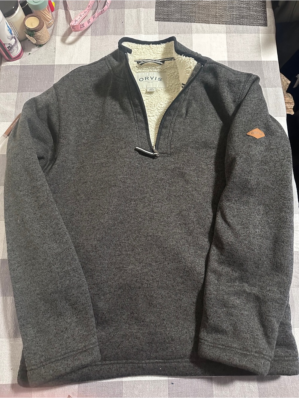 Orvis Brighton Quarter Zip Sherpa Fleece Sweater Marled Grey Mens L